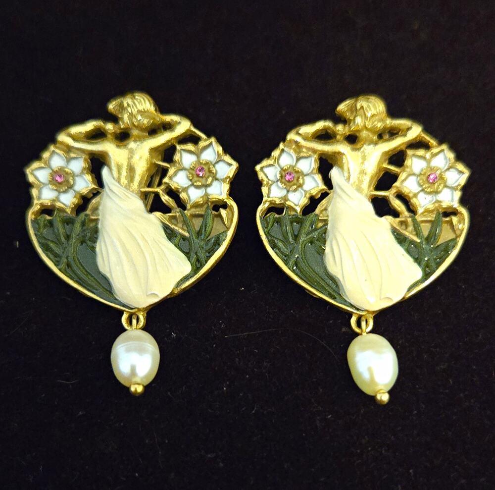 VTG Xentric Tales Art Nouveau Nymph Earrings Gold Tone Enamel Pearl Drop 1980s